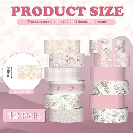 YooNotee 12 Rolls Watercolor Floral Washi Tape Set 15 mm Vintage Flower Decorative Masking Tape for Arts DIY Craft Scrapbook Envelope Party Supplies Gift Wrapping(Pastel Pink,Tea Party)