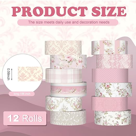 YooNotee 12 Rolls Watercolor Floral Washi Tape Set 15 mm Vintage Flower Decorative Masking Tape for Arts DIY Craft Scrapbook Envelope Party Supplies Gift Wrapping(Pastel Pink,Tea Party)