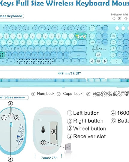 Wireless Keyboard Mouse Combo, MOFII 104 Round Keys Lovely Full-Size Cute Colorful Keyboard and Mouse with Retro Typewriter for PC/Mac/Laptop/Tablet/Computer/Windows Blue