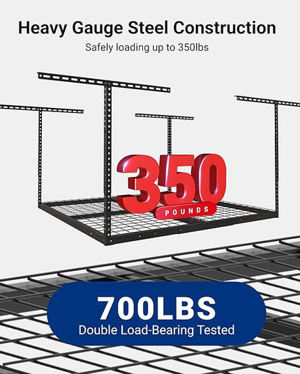 FLEXIMOUNTS 4x4 Overhead Garage Storage Rack, Adjustable Organization System, Heavy-Duty Metal Ceiling Racks, 350lbs Weight Capacity, Black, Classic Series