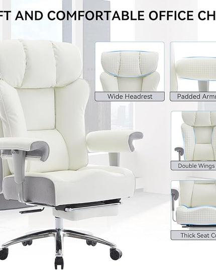 Efomao Big and Tall Office Chair 450LBS with Foot Rest, High Back PU Leather Executive Office Chair with Adjustable Padded Armrests, Lumbar Support for Home or Work, Heavy Duty Computer Chair, White