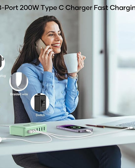 8-Port Multiple Charger Station 200W with Flat Plug, Braided Power Cord, and On/Off Switch- USB Charging Hub for iPhone, iPad, MacBook and More- 65W C Port Power Adapter for Laptops