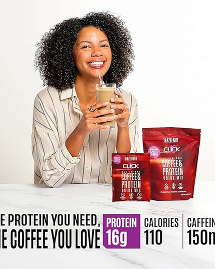 Click Coffee Protein Powder | Double Shot Espresso | 16g Protein | 23 Essential Vitamins | Low Calorie Meal Replacement | 150mg Caffeine | Gluten Free | No Artificial Flavors or Colors | Hazelnut