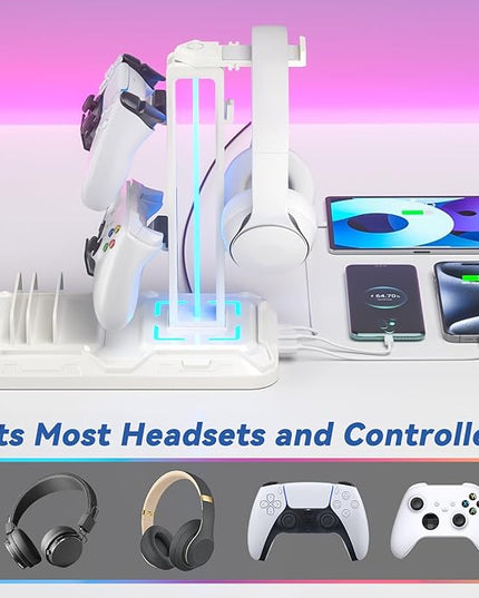 KDD Headset Stand with Charging Station - Detachable Controller Holder with 9 Light Modes - Rotatable Headphone Hanger with USB A&C Charger Ports - Earphone Hook for PC Gaming Accessories Storage