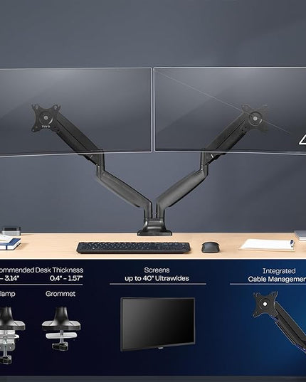 VIVO Premium Aluminum Heavy Duty Dual Monitor Arm for Ultrawide Monitors up to 40 inches and 30 lbs Each, Desk Mount Stand, Pneumatic Height, Max VESA 100x100, Black, STAND-V220Q
