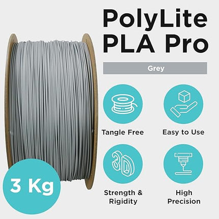 Polymaker PLA PRO Filament 1.75mm 3kg, Tough & High Rigidity Grey 3D Printing Filament, PolyLite PLA PRO 3D Printer Filament 1.75mm, Print with Most 3D Printers