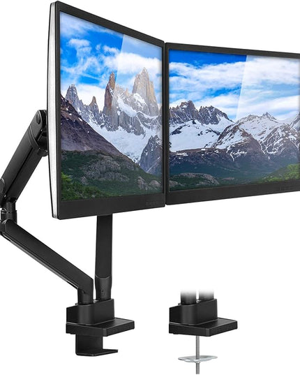 Mount-It! Dual Monitor Arm Mount Desk Stand | Premium Quality | Articulating Mechanical Spring Height Adjustable | Fits Two 24 27 29 30 32 Inch VESA 75 100 Compatible Screens | C-Clamp and Grommet