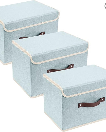 TYEERS Collapsible Storage Boxes, Washable Fabric Storage Bins with Lids, 14.9x9.8x9.8 inches, 3 Pack, Aqua Spring