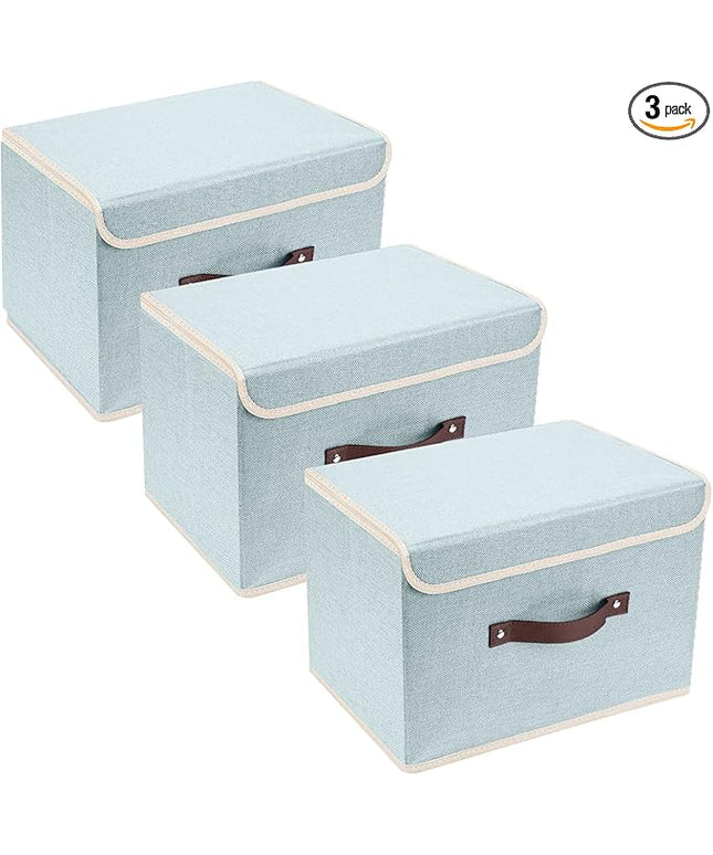 TYEERS Collapsible Storage Boxes, Washable Fabric Storage Bins with Lids, 14.9x9.8x9.8 inches, 3 Pack, Aqua Spring