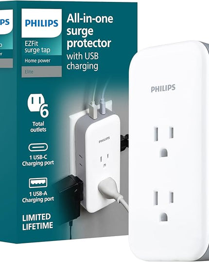 Philips All-in-One Surge Tap with USB, 2 Grounded & 4 Polarized Outlets, 1 USB-C & 1 USB-A Port (15W Shared), 490 Joules, ETL Certified, White/Gray, SPP3503GW/37