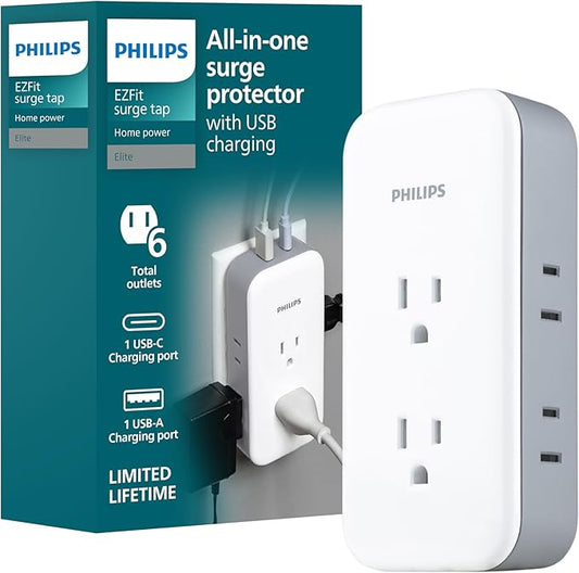 Philips All-in-One Surge Tap with USB, 2 Grounded & 4 Polarized Outlets, 1 USB-C & 1 USB-A Port (15W Shared), 490 Joules, ETL Certified, White/Gray, SPP3503GW/37