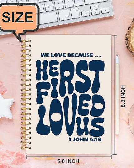 Navy Blue Christian Spiral Journal Notebook 5.5x8.3in, Bible Verse Journal for Woman, We Love Because He First Loved Us 1 John 4:19 Scripture Notebooks for Note Taking, Hardcover Notebook