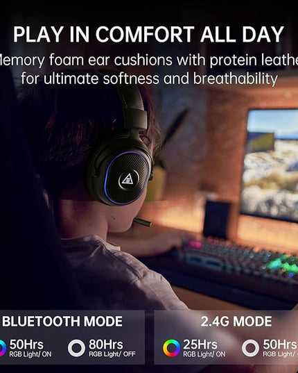 EKSA 2.4GHz Wireless Gaming Headset for PS5,PS4,PC,Switch,Mobile,Mac, Bluetooth Gaming Headphones with Detachable Microphone, RGB, 30ms Latency, 50H Battery, Stereo Sound Headset for Xbox