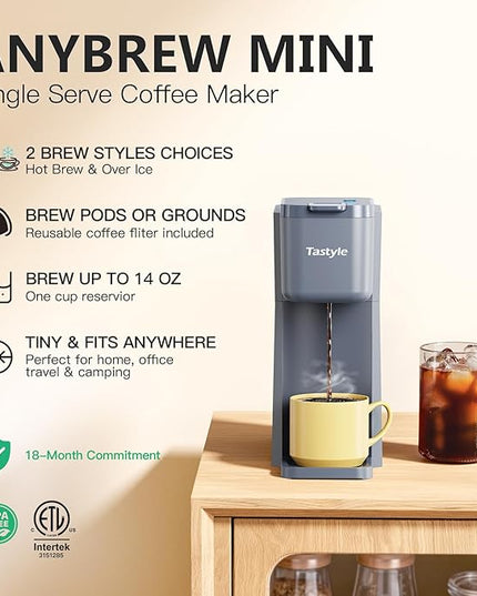Mini Hot and Iced Coffee Maker Single Serve, for K Cup and Ground, 6 to 14 Oz Brew Sizes, with Recipe Book, for Home, Travel, RV, Office and Dorm, Elegant Gray