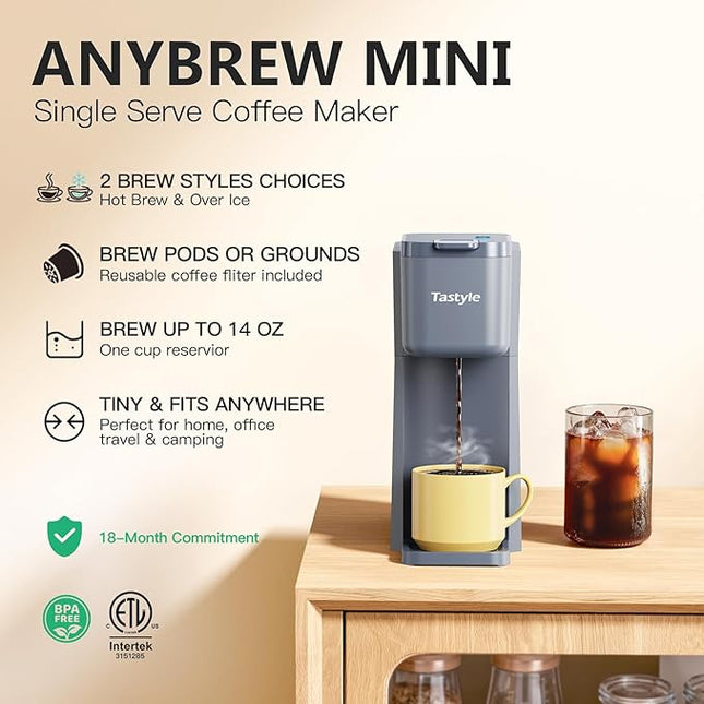 Mini Hot and Iced Coffee Maker Single Serve, for K Cup and Ground, 6 to 14 Oz Brew Sizes, with Recipe Book, for Home, Travel, RV, Office and Dorm, Elegant Gray
