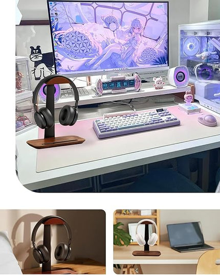 ZHIYUEJING Walnut Wood Headphone Stand,Headphone Rack with Storage Base Plate,Headphones Holder for Study Rooms,Gaming Spaces,Desktop,Office