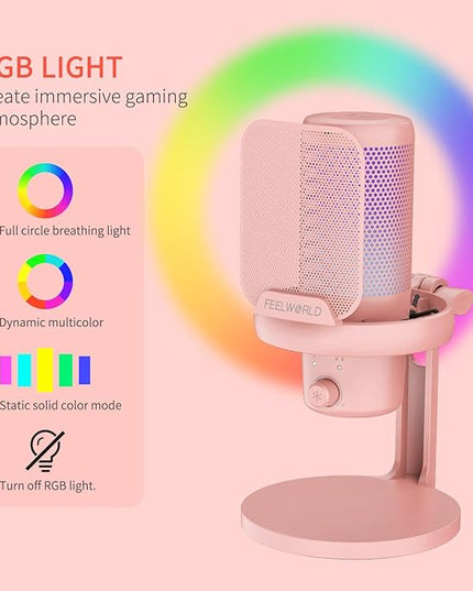 FEELWORLD VM1 Pink Gaming PC USB Microphone Condenser Mic with Noise Cancellation Mute RGB Light, Computer Accessories Gifts for Gamer YouTube Twitch Podcast Streaming Recording Online Chat PS4 PS5