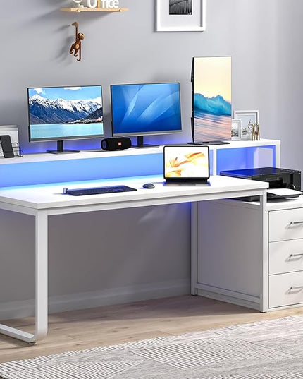 White Desk with 3 Drawers, 67 Inch Office Desk with Long Monitor Stand & Printer Shelf, Reversible Computer Desk with LED Lights for Bedroom