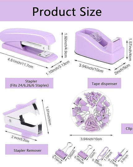 suniya Office Supplies,Desk Accessories,Tape Holder,Stapler,Scissor,Staple Remover,Box of Binder Clips,Staples,Ballpoint Pen,Lndex Tabs,Clear Tape,Office Supplies Set(Purple)