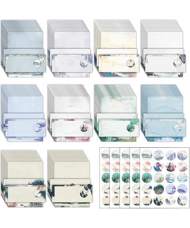 EggSun 250Pcs Japanese Stationery Paper and Envelope Set with 100 Letterhead Papers and 50 Envelopes, 10 Design for Letter Writing Invitations Computer Holidays Party Notes, 8.5x11 Inch-Flower