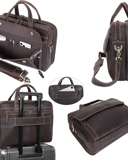 Masa Kawa Leather Briefcase for Men 15.6", 17" Laptop Computer Case Business Travel Work Messenger Cross Body Shoulder Bag