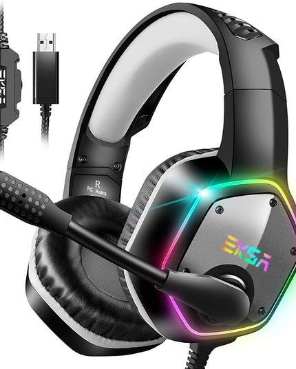 EKSA E1000 USB Gaming Headset for PC, Computer Headphones with Microphone/Mic Noise Cancelling, 7.1 Surround Sound, RGB Light - Wired Headphones for PS4, PS5 Console, Laptop, Call Center