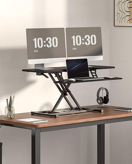 FLEXISPOT Standing Desk Converter 42-inch Spacious Sit to Stand up Dual Monitor and Laptop Riser, Big Size Tabletop Workstation with Large Keyboard Tray, Black