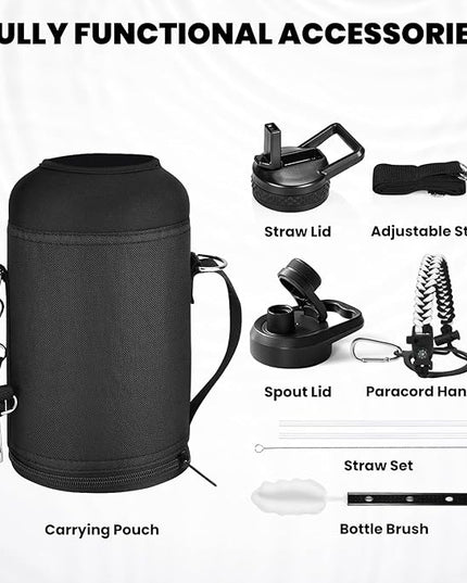 Insulated Water Bottle 64 oz, Triple Wall Vacuum Stainless Steel (Cold for 48 Hrs), Leak Proof & Non-BPA, Half Gallon Water Flask Jug with Paracord Handle & Straw Spout Lids, White/Black