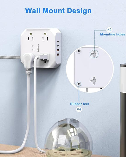 Surge Protector Flat Plug Power Strip, 10Ft Extension Cord with Multiple Outlets, 8 Outlet Splitter with 4 USB(2 USB C) Ports, Desk Charging Station for Home, Office, College, Dorm Room Essentials