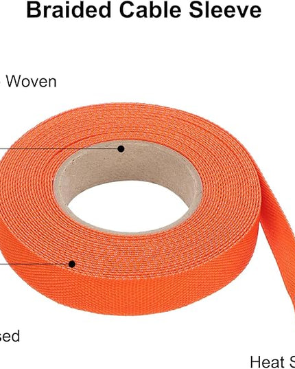 MECCANIXITY Braided Cable Sleeves Heat Shrinkable Fabric Sleeving, 1/2" 26ft Orange 2:1 Ratio Heat Shrinkable Cord Protector for Harness Cable, Network Cable Protection, Cable Management