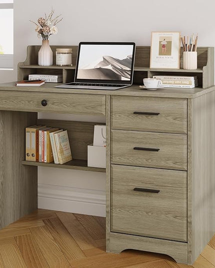 4 EVER WINNER Computer Desk with Drawers, Small Desk with Monitor Stand and File Drawer, Wood Desk with Storage, Writing Desk for Bedroom Home Offic, Grey