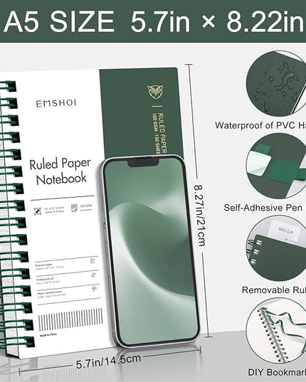 EMSHOI Lined Spiral Journal Notebook, A5 College Ruled Notebook, 300 Pages/150 Sheets, 100gsm Acid-Free Paper, Waterproof Softcover Notebook for School, Work, Note Taking, 5.7" × 8.22" - Dark Green