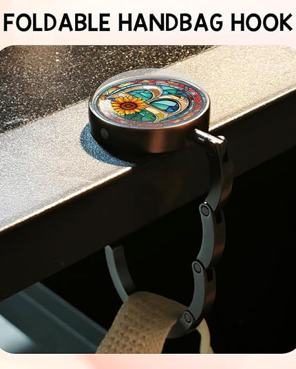 YAZMEEN Stained Glass Initial Foldable Purse Hook for Table, Stained Glass Letter B, Women's Handbag Hanger Holder, Portable Purse Table Hanger, Funny Desk Hook Gifts for Mom Wife Sister Friend BFF