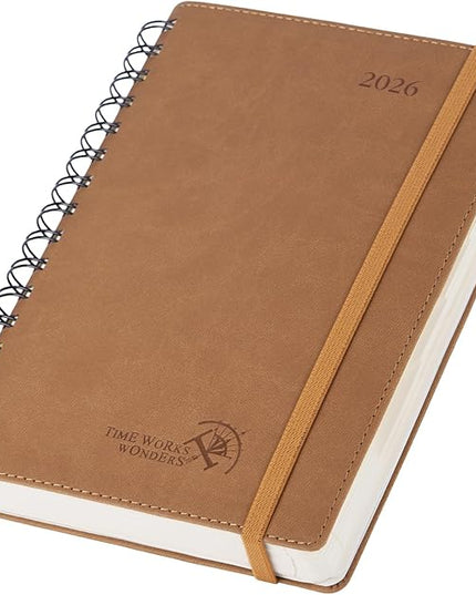POPRUN 2026 Daily Planner One Page per Day (Medium 6'' x 8.5'') - 12 Months Calendar Appointment Book with Hourly Slots, Inner Pocket, Monthly Tabs, Pen Holder - Brown