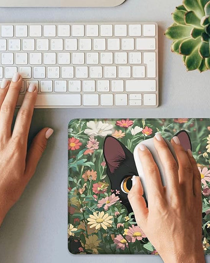 Black Cat Among Flowers Mouse Pad Square Mouse Mat Non-Slip Rubber Base Mousepad with Stitched Edge, Portable MousePads for Desk Computers Laptop Office, 9.5x8 Inches