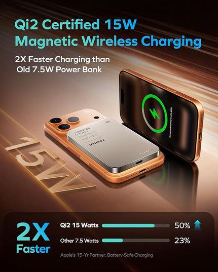 MOMAX Q.Pass Magnetic Power Bank, 5000mAh Slim Portable Charger Qi2 Certified 15W Ultra-Fast Charging Battery Pack for iPhone Air/17 Pro Max/17 Pro/16/15/14/13/12 (No Lighting)
