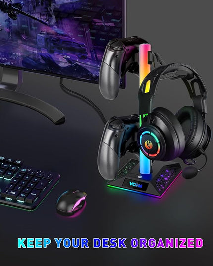 RGB Gaming Headphones Stand with 2 USB Ports Headset Stand with 10 Light Modes and Non-Slip Rubber, Suitable for All Earphone Accessories, Best Gift for Husband, Kids, Boyfriend