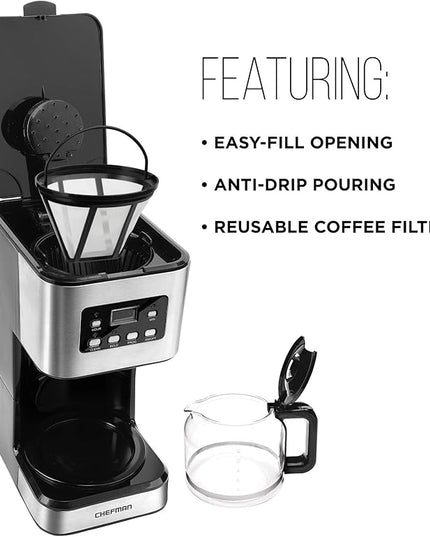 Chefman 12-Cup Programmable Coffee Maker, Electric Brewer, Auto Shut Off, Digital Display w/Auto-Brew Function, Anti-Drip Pot, Reusable Filter for Fresh Grounds, Square Stainless Steel, Glass Carafe