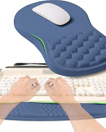 2-in-1 Ergonomic Set, Wave Rise Keyboard Wrist Rest and Massage Bulge Slope Mouse Pad Wrist Support, Cushion Memory Foam Integrated to Relieve Wrist Pain, Dark Blue