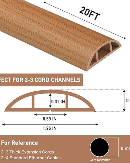 Floor Cord Cover Self Adhesive Cord Hider Floor Extension Cord Covers for Floor Power Cord Protector Cable Management Prevent Cable Trips Cable Cavity 0.59" W x 0.31" H (Light Brown Wood, 20Ft)