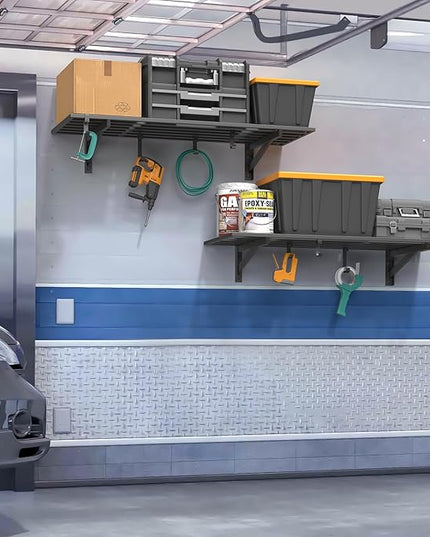 2-Pack 1.5x4ft Garage Shelving Wall Mounted, 1.5' x 4' Heavy Duty Garage Storage Shelves with Hooks, 400LB Capacity