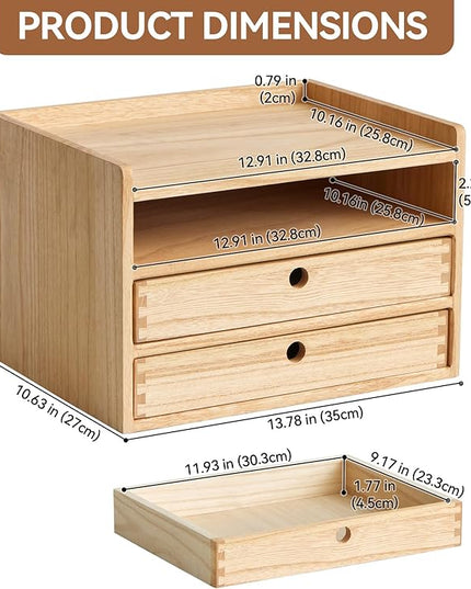 KIRIGEN Desktop Organizer with 2 Drawers and Tray - Wood Office Desk Storage Shelf for Office Supplies - Small Cabinet for Countertop Accessories Storage 3 Layer Natural（DT3D2C-NA）