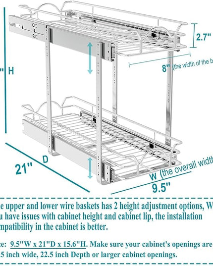 OCG 2 Tier Pull Out Cabinet Organizer (9.5" W x 21" D), Pull Out Drawers for Kitchen Cabinets, Pull Out Shelves for Base Cabinet Organization in Kitchen Bathroom Pantry, Chrome Finish