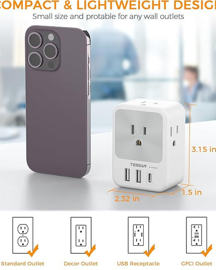 Surge Protector Wall Outlet Extender, TESSAN Multi Plug Outlet Splitter with 3 USB Charging Blocks(1 USB C), Multi Plug Wall Charger for Home, Office, School, College Dorm Essentials