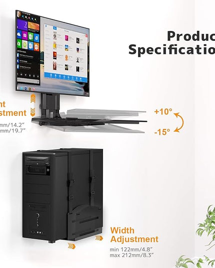 PUTORSEN Monitor and Keyboard Wall Mount with CPU Holder for 32" Monitors (55 lbs Max), Keyboard Tray (4.4 lbs Load) & CPU Holder (22 lbs Capacity) - Height Adjustable, with Mouse Pad, VESA75/100