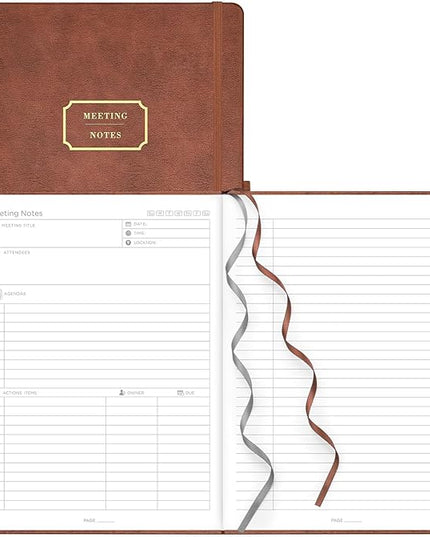 EMSHOI Meeting Notebook for Work with Action Items - 320 Pages B5 Thick Project Planner Agenda Organizer Work Notebook for Women Men Office Business Notes, PU Leather Hardcover, 7.5" x 10", Coffee
