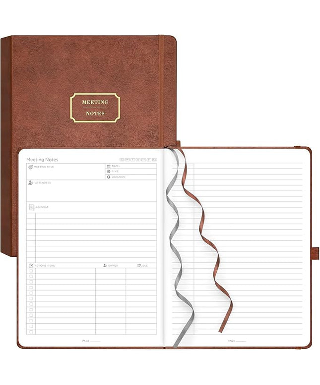 EMSHOI Meeting Notebook for Work with Action Items - 320 Pages B5 Thick Project Planner Agenda Organizer Work Notebook for Women Men Office Business Notes, PU Leather Hardcover, 7.5" x 10", Coffee