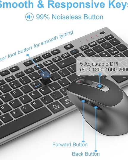 FENIFOX Wireless Keyboard and Mouse, Rechargeable USB C Combo Silent Quiet Compact Full Size Flat with Number Pad Soft Cover for Mac MacBook iMac Windows PC Laptop Computer Office - Black & Grey