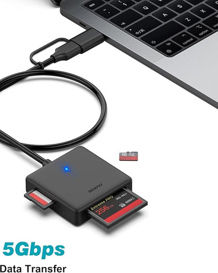 Memory Card Reader, BENFEI 4in1 USB 3.0 and USB-C to SD Micro SD MS CF Card Reader Adapter, 4 Cards Simultaneously Read and Write, Compatible with iPhone 15 Series, MacBook Pro/Air 2023, and More