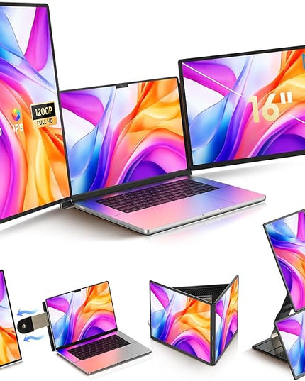 NGTeco 16" Laptop Triple Screen Extender, 1200P IPS Portable Monitor for Laptops 13-17", with Type-C/HDMI/USB-A, Plug & Play, Compatible with Windows/Mac/Chrome OS